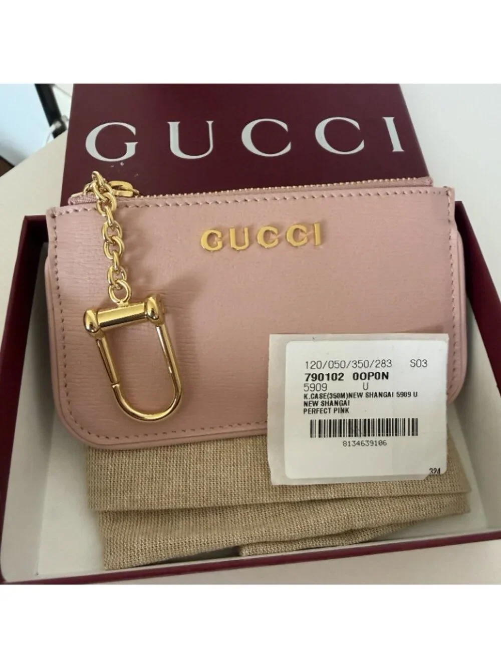 NEW GUCCI Zip Key Case With Script 100% Authentic Pink Wallet Cardholder